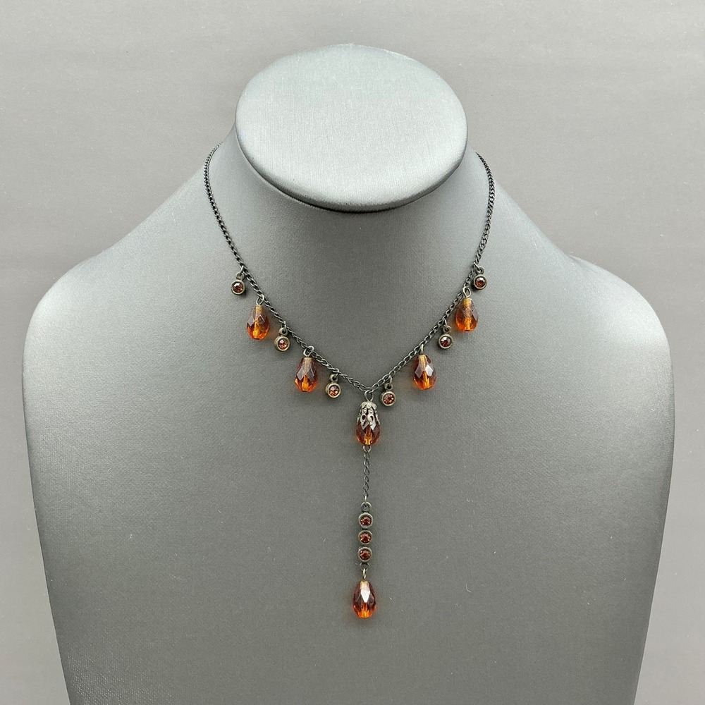 Robert Rose Necklace Women Orange Drop Bead Bronze Tone Chain Y-Necklace Jewelry